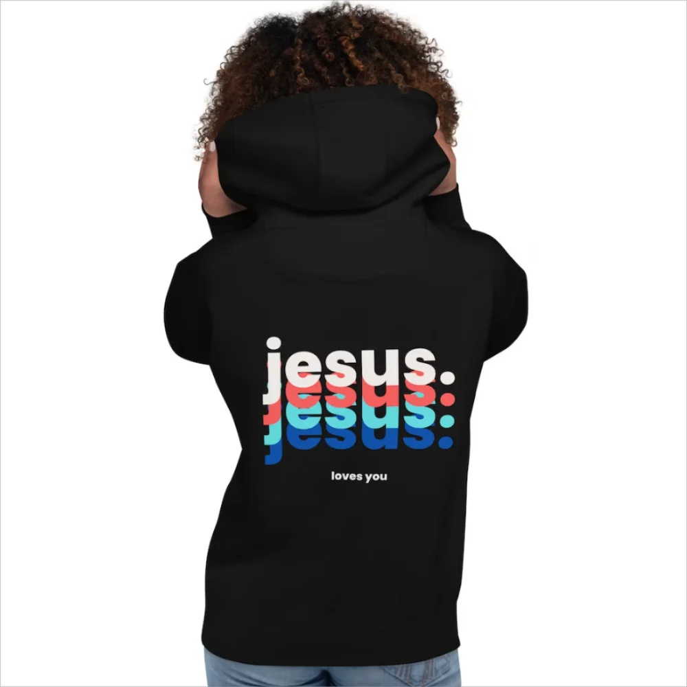 Jesus Christian Letter Print Simple Hoodie, Casual Drawstring Kangaroo Pocket Hoodies Sweatshirt, Women\'s Clothing