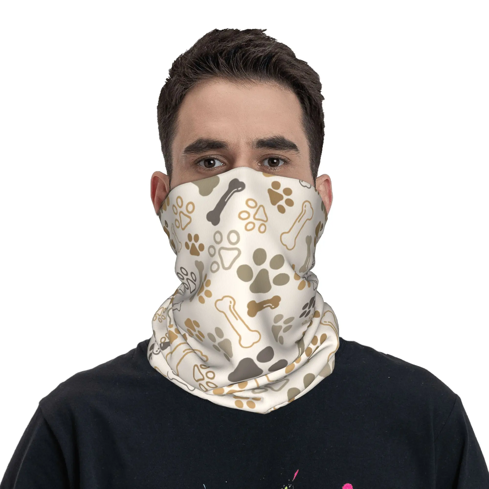 Cache-cou, cagoule, masque facial, écharpe et bandeau chaud unisexe, imprimé motif patte de chien et empreinte de pied de bouledogue français, style dessin animé, avec motif 'Dog Paw Bone Gift', style bandana