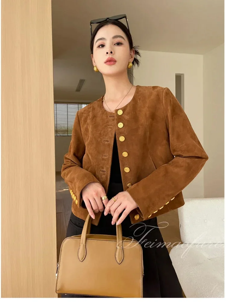 Real Vintage Sheepskin Suede Coat for Women 2024 Trend High-end Single Breasted Cropped Genuine Leather Jacket