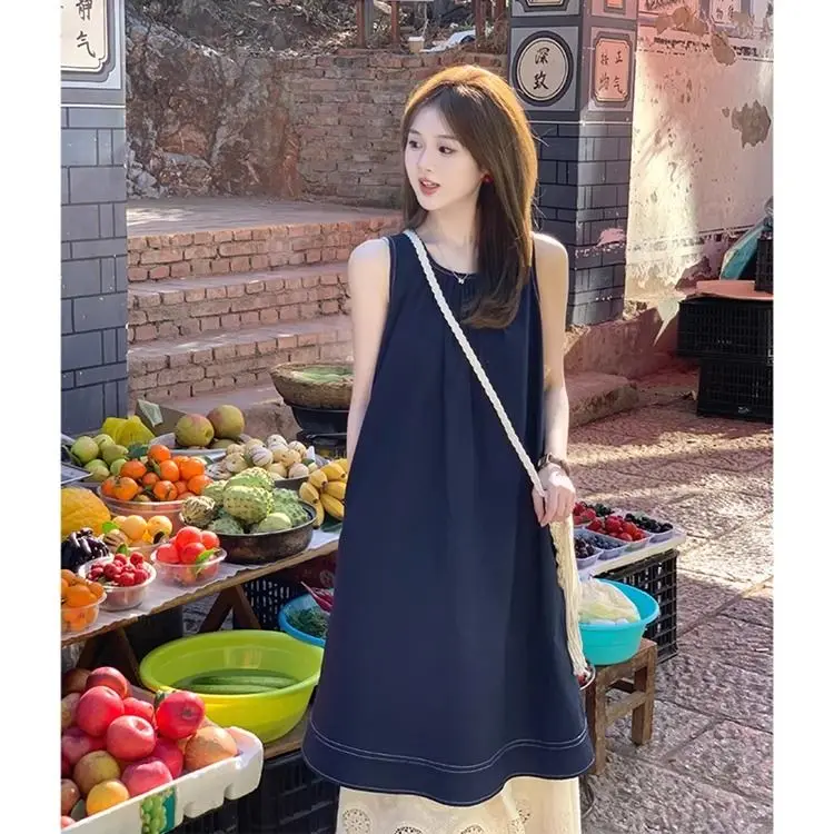 한국 복고풍 가짜 투피스 스플 라이스 여성 여름 느슨한 민소매 대비 색상 오버 니 드레스