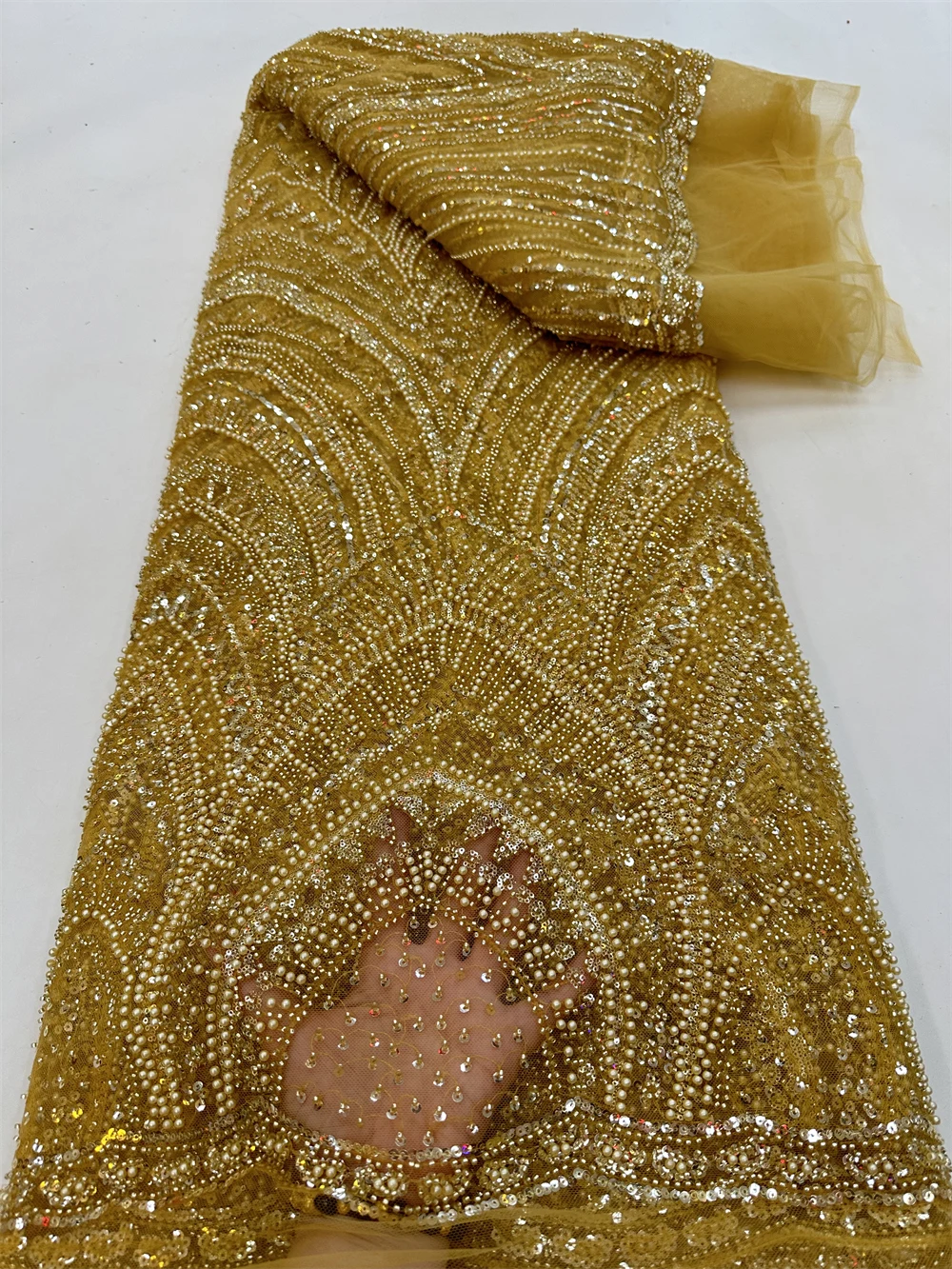 

Luxury African Sequins Beaded Lace Fabric 2023 High Quality Lace 5 Yards French Lace Nigerian Lace Fabrics Dress Sewing QF0914