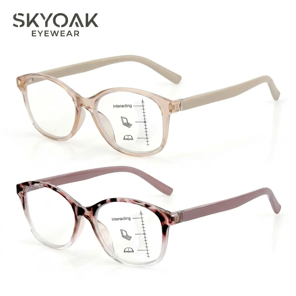 SKYOAK 2 Pack Vibrant Progressive Multifocus Reading Glasses Women TR90 Stylish Cat-Eye Frames Flexible 3+2 Spring Hinge