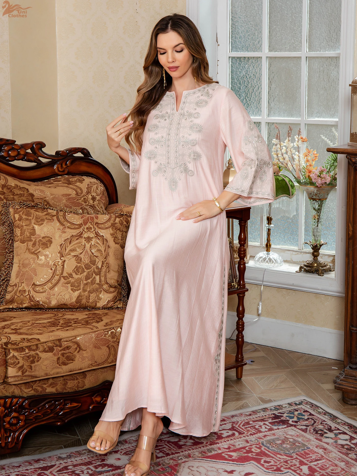 Uni Ramadan Dubai Embroidered Diamonds Abayas Muslim Elegant Women Evening Dresses Loose Luxury Kaftan