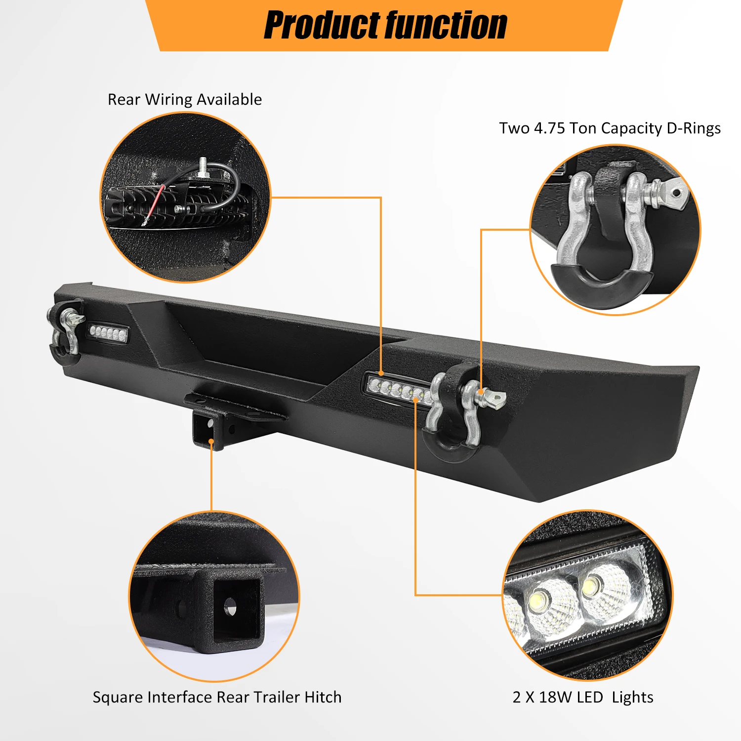 Rear Bumper Compatible with 1997-2006 Jeep Wrangler TJ & Unlimited, Off Road Full Width Bumper w/2 X 18W LED Lights, 2\