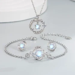 SUYIXIAN S925 argento Sterling pietra di luna piuma si accompagna collana orecchini braccialetto Set gioielli di fidanzamento regalo per le donne