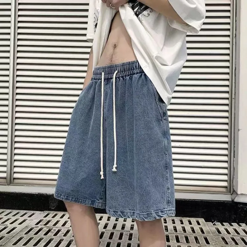 

Men Summer Drawstring Waist Denim Shorts Loose Fit Casual Jeans Shorts With Pockets Solid Color
