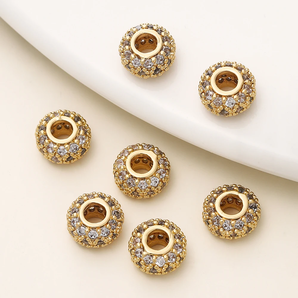 2Pcs/Lot 18K Gold Plated Brass Flat Round Spacer Charm Beads with Zircon for DIY Bracelet Necklace Jewelry Making Accessories