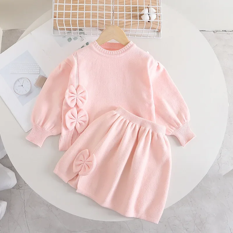 Children\'s Clothing Sets Bow Pullover Long Sleeve Top + Hip Skirt Winter Baby Girl Clothes Knit Sweater Toddler Cardigan Korean