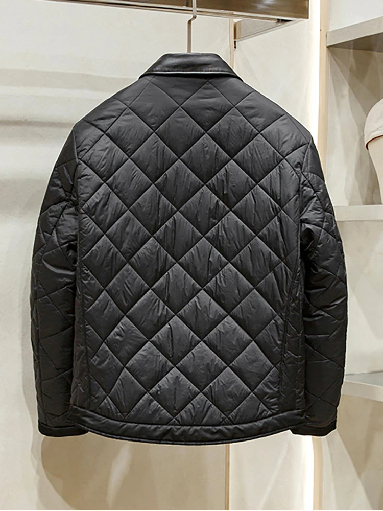 ฤดูหนาวใหม่ผู้ชายธุรกิจสบายๆหนังLapelน้ําหนักเบาDiamond Check Warm Down Jacket