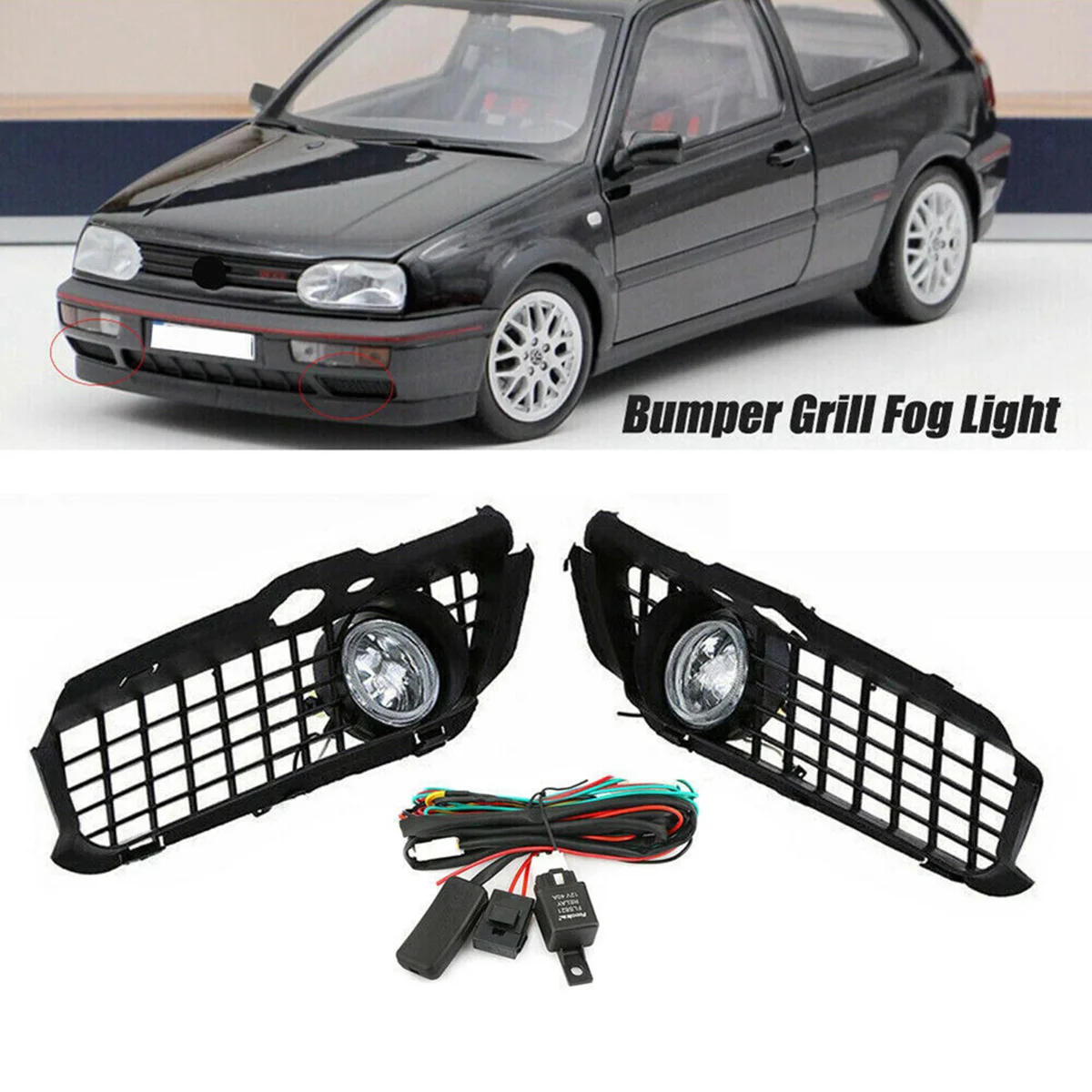 1Pair Car Front Bumper LED Fog Lamp Grille Cover for VW Golf Jetta MK3 Cabrio 1993-1998 White Drl Driving LED Fog Light