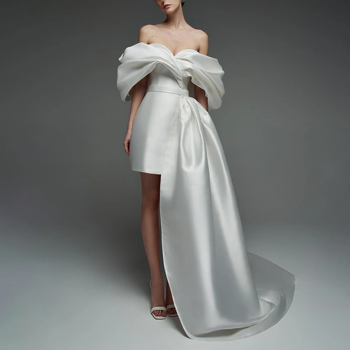 

Simple Satin Short Wedding Dresses For Women Detachable Train Sheath Puffy Off Shoulder Bridal Gown For Bride Vestidos Novia