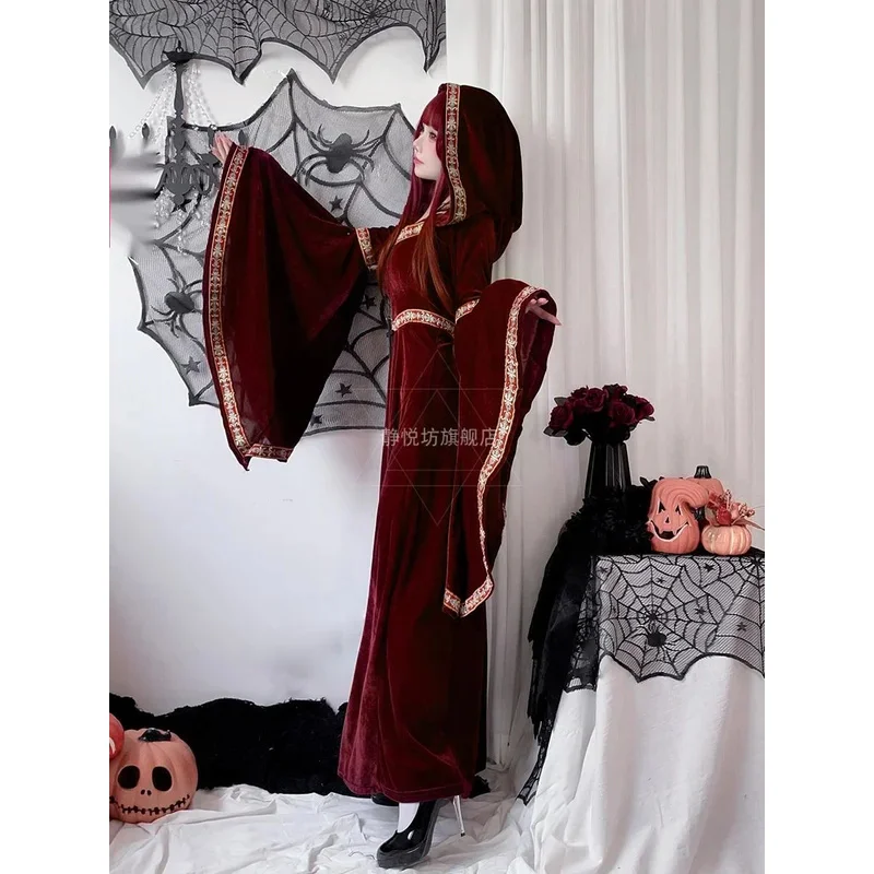 هالوين الكبار الرجعية القرون الوسطى المحكمة مقنعين الملكة تأثيري فستان الساحرة مصاص دماء فستان طويل زي زي