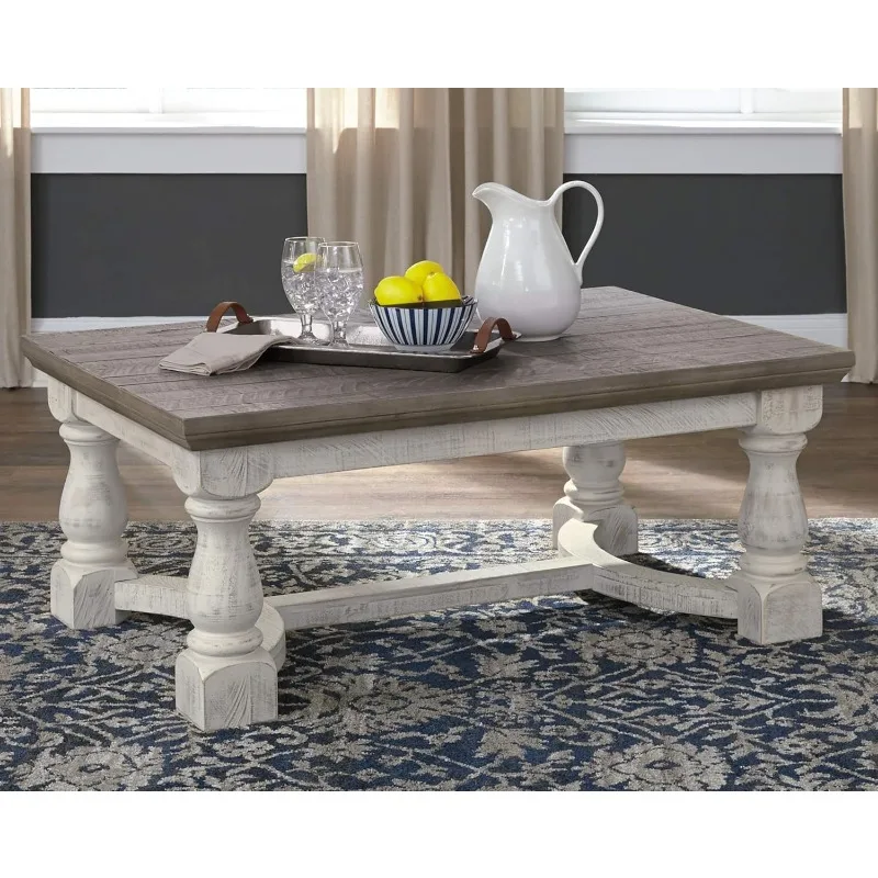 Farmhouse design coffee table with weathered finish, suitable for living room sofa side table, easy assembly