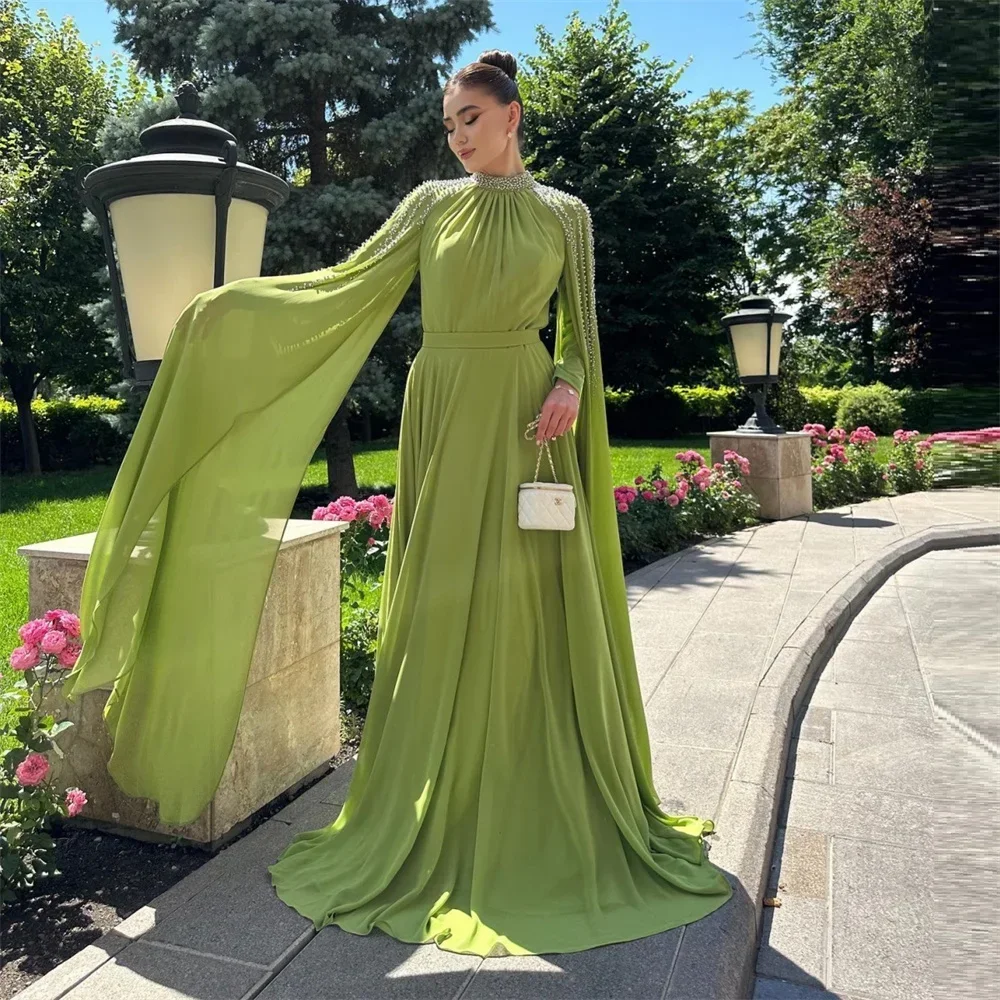 Customized Formal Dress Saudi Arabia Evening High Collar A-line Floor Length Sequin Skirts Draped Knot Tulle Ribbon Bead Bespoke