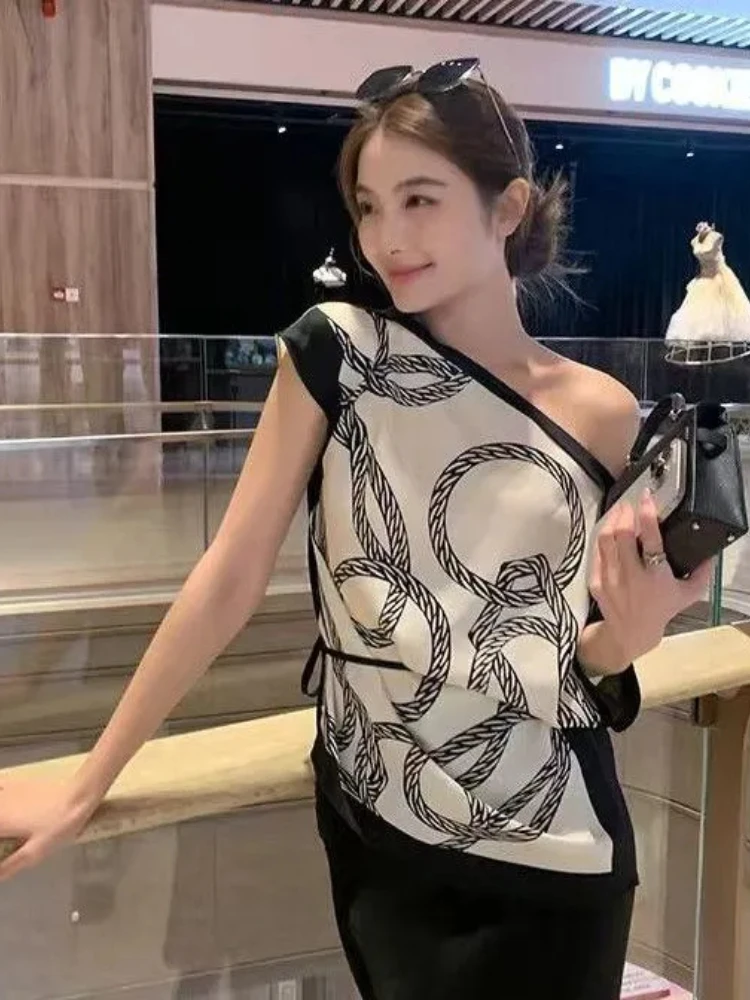 기질 레이디 탑 여름 블라우스 여성 의류 오프 숄더 불규칙 셔츠 루즈 프린트 스큐 칼라 섹시한 Camisas De Mujer