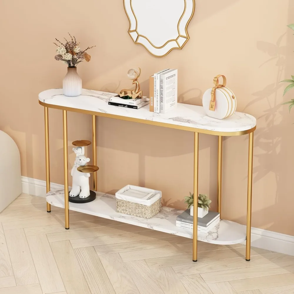 

2-Tier Console Table for Entryway, Sofa Table with Storage Shelves White Round Faux Marbled Tabletop Gold Metal Frame