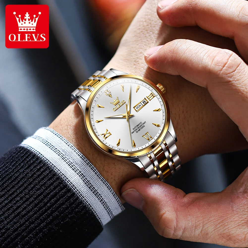 OLEVS 9956 Mens Watch Luxury Original Stainless Steel Automatic Mechanical Watch Waterproof Week Date Watches For Man Gifts