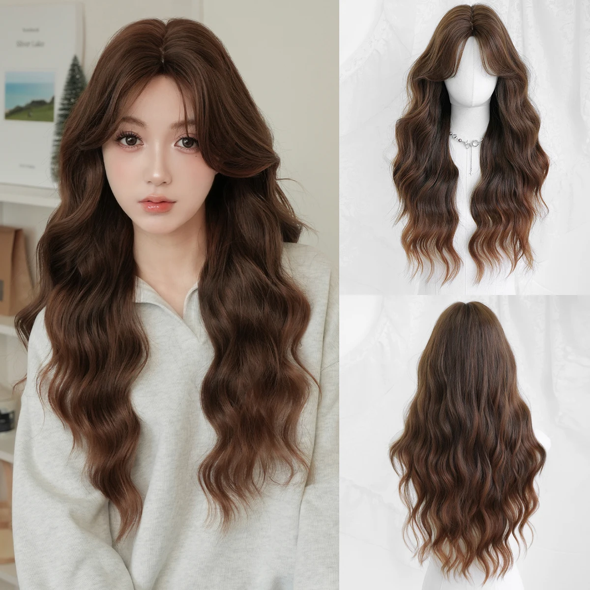 

NAMM Long Wave Brown Wig For Women Popular Synthetic Wig for Daily Cosplay High Density Hair