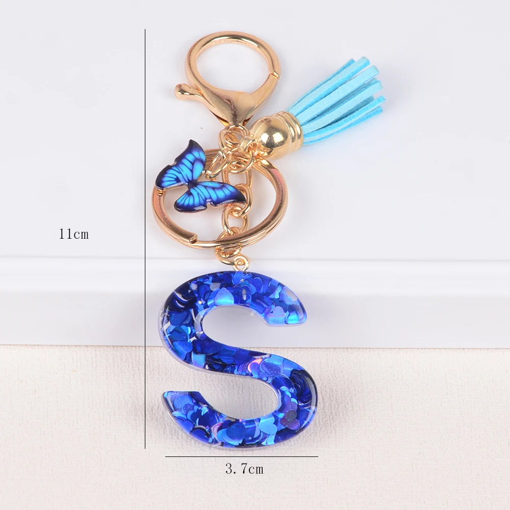 Resin English Letter Keychain With Blue Butterfly Pendant Tassel Charms Glitter Sequins love Filled 26 Initials Key Rings