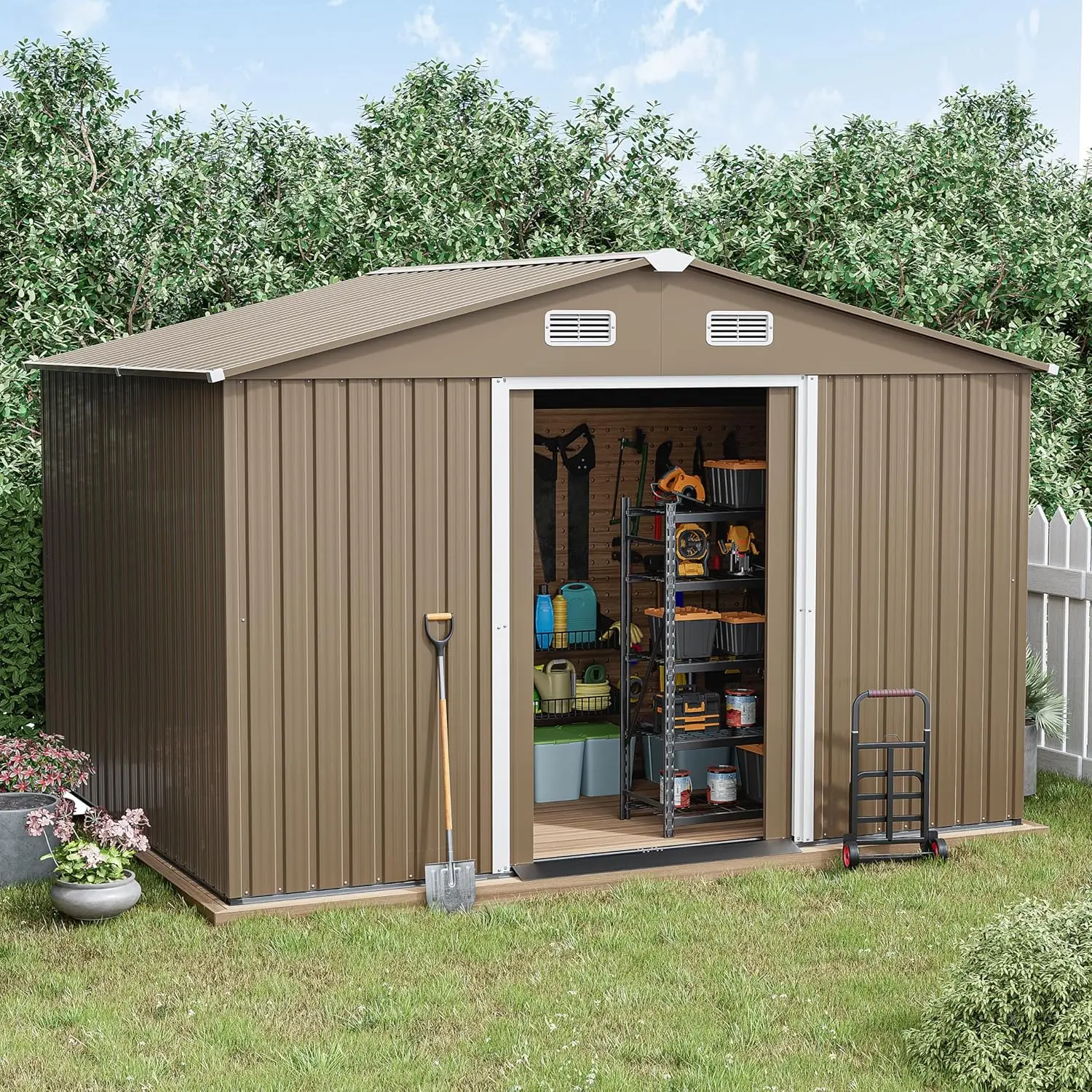 Outdoor Storage Shed Waterproof, Large Garden Tool Shed with Air Vents and Lockable Sliding Door, Shed Storage House, Metal Shed