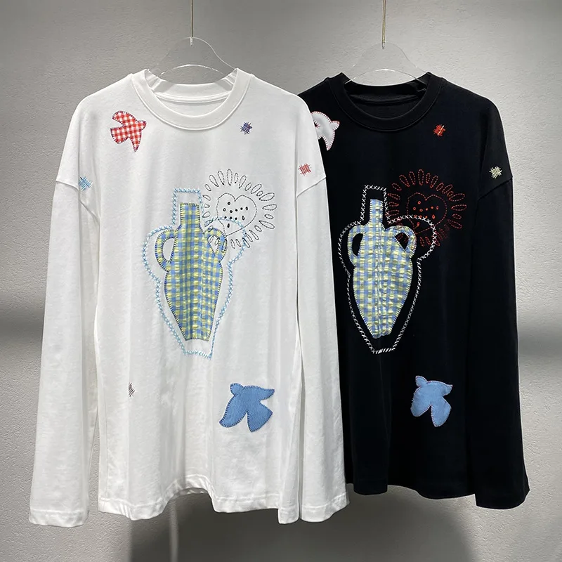 

2025 spring and summer new small patchwork embroidery long sleeve T-shirt loose top women y2k top