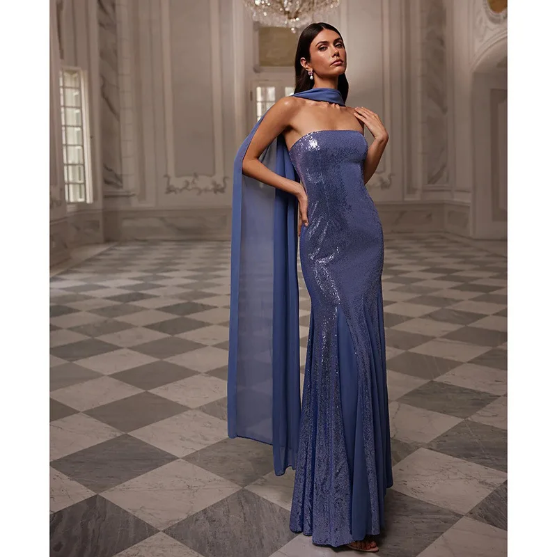 2026 Fashion New Strapless Sparkly Sequins Maxi Dress Blue Sleeveless with Scarf Mermaid Long Formal Evening Party Club Gowns