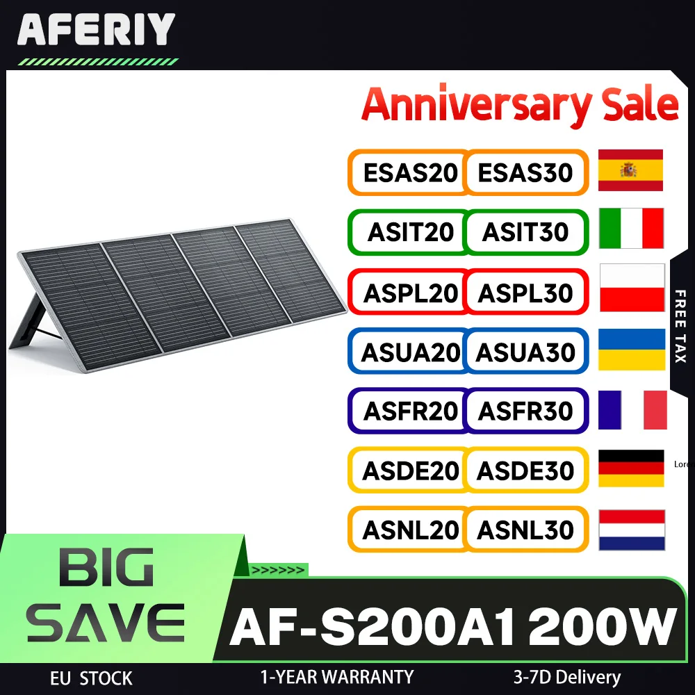 AFERIY ‎ Panneau solaire pliable portable AF-S200A1 200W, taux de conversion d'énergie 23%, béquille réglable, léger et pliable