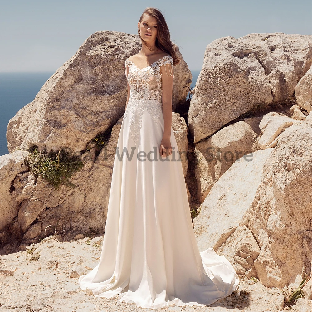 Boho vestido de casamento chiffon rendas apliques ilusão backless praia bohemia seaside vestidos de noiva sem mangas