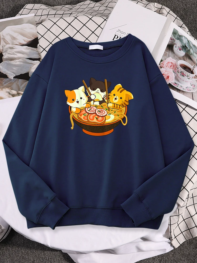 Anime Cats Eating Japanese Ramen Noodleswomen Hoodie Hooded Loose Sportswears Casual Oversize Tracksuit Autumn Fleece Sweatshirt