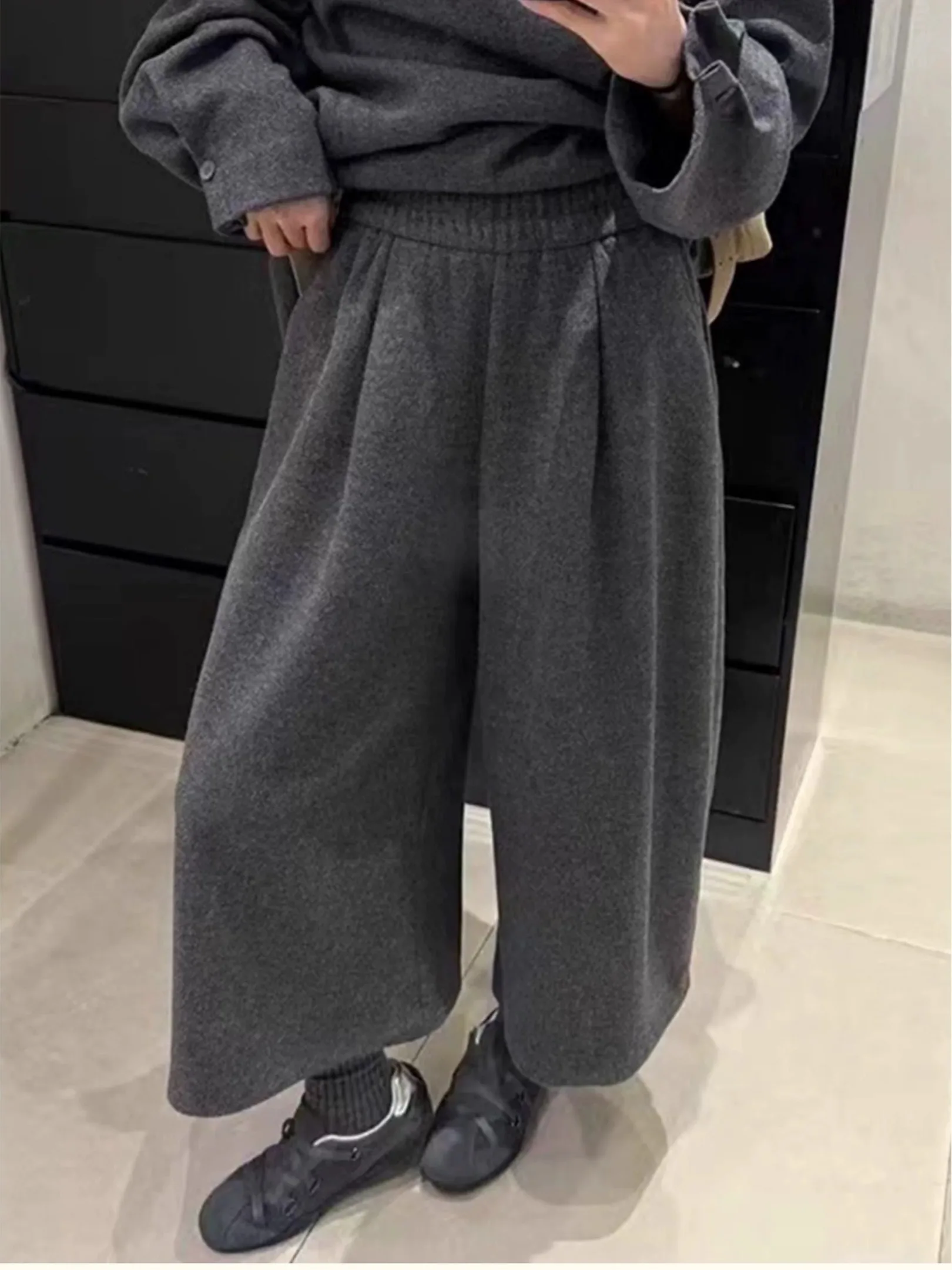 ay الصوفية السراويل واسعة الساق المرأة عالية الخصر مستقيم قطع فضفاضة تناسب عارضة الخريف الشتاء Faion زائد حجم السراويل