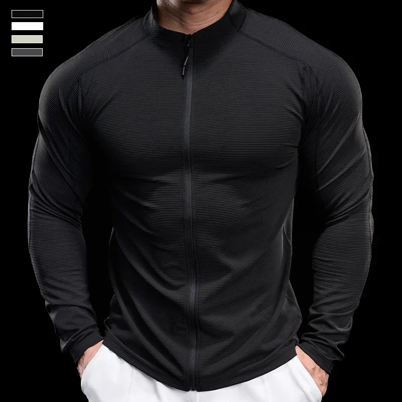 Men Sports Fitness Jacket Autumn Elastic Quick-drying Slim Long-sleeved Gym Training Clothes Outdoor Running Zipper Coat