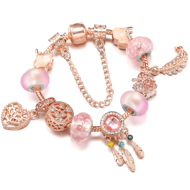 Pink Dream Catcher & Ginkgo Leaves Charm With Pendent Bead Fit Brand Bracelet DIY Jewelry For Women Making Gift New