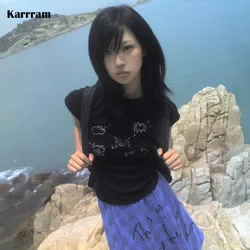 Karrram Japanese Y2k Graffiti Print T-shirt Vintage 2000s Style Short Sleeve T Shirt Harajuku Fairycore Black Tee Shirt Grunge