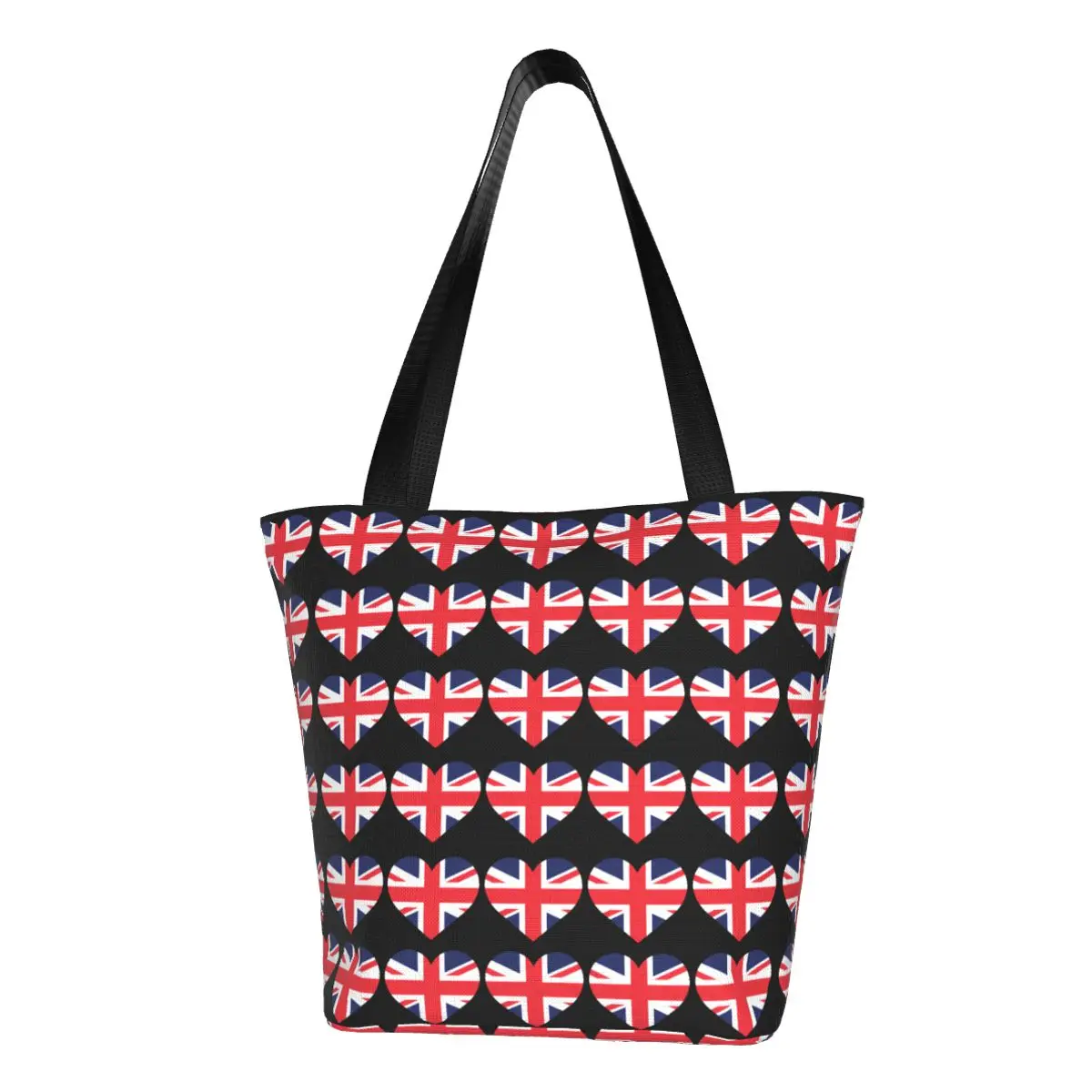 Custom Kawaii Love United Kingdom Hearts Flag Shopping Tote Bags Recycling Groceries Canvas Shoulder Shopper Bag