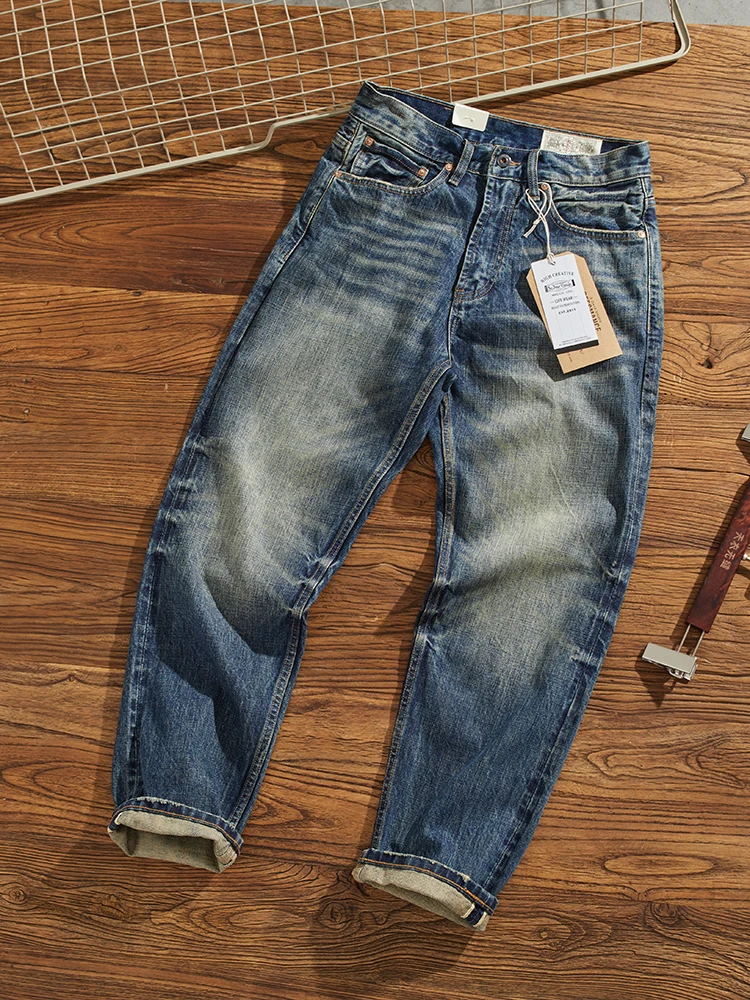 Heavyweight Selvedge Denim Cone Jeans Men's Fashion Retro Straight Leg Brush White Long Pants City Style Warmth All S...
