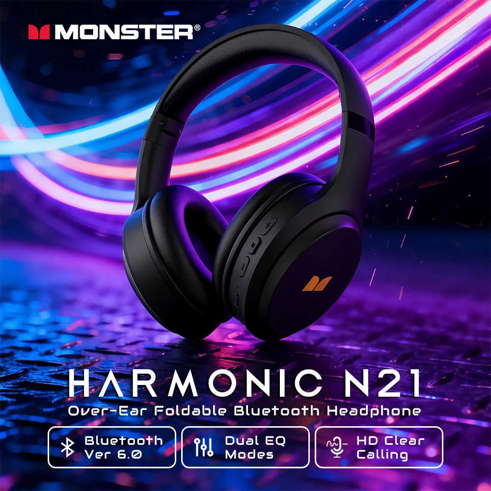 

Наушники Monster Harmonic N21 Bluetooth 6.0 с двойным режимом эквалайзера, иммерсивным стереозвуком, накладные, складные, проводные/беспроводные