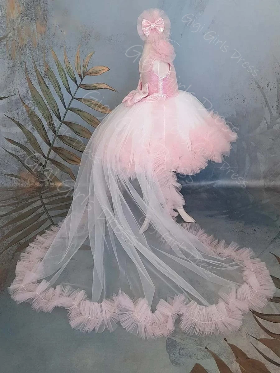 فستان فتاة الزهور الوردي لحفلات الزفاف للأطفال الصغار ترتر على شكل حرف V مع فيونكة خلفية وكشكشة من التول فستان عيد ميلاد الأميرة مع ذيل قابل للانفصال مخصص #4