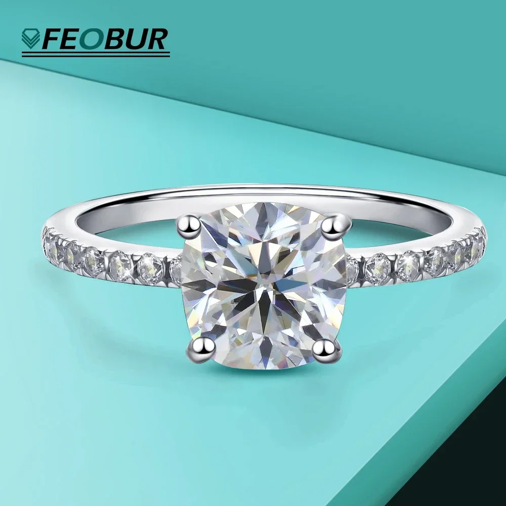 

FEOBUR 3CT Cushion Cut Real Moissanite Rings for Women 925 Sterling Silver Sparkling Lab Diamond Engagement Wedding Band Jewelry