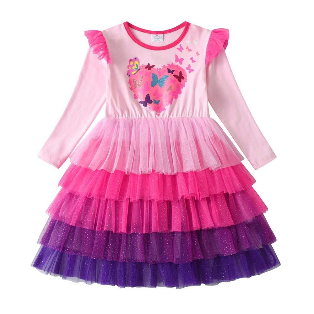 DXTON Toddler Cotton Dresses For Girls Layer Cake Mesh Princess Girls Dress Heart Design Butterfly Kids Birthday Party Clothing