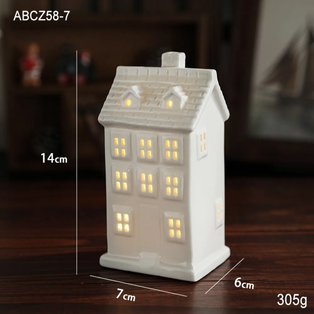 White Porcelain Christmas LED Lighted White Houses Decor Miniature Christmas Village Houses Snowflake White Glowing Castle