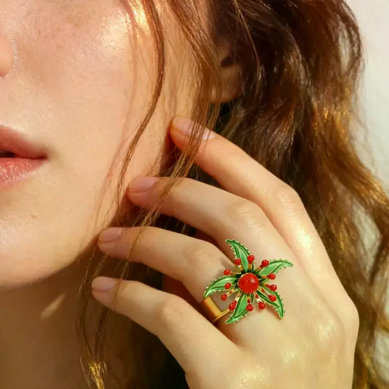 Fashion Vintage Bohemian Spray Painted Flower Opening Ring Floral Enamel Ring Adjustable Women Daily Party Ring Jewelry Gifts