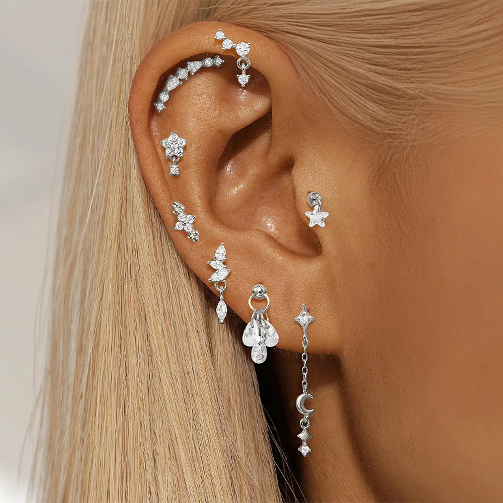CANNER 1PC Horse Eye Flat Head Threaded Puncture Ear Bone Women 925 Sterling Silver Ins Star Flower Geometry Zircon Stud Earring view 2