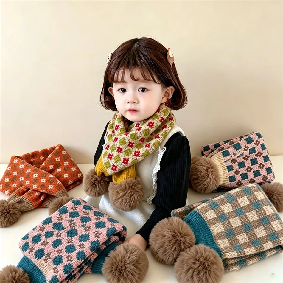 Kids Plaid Knitted Scarf with Ball Soft Warm Children Winter Neck Wrap Retro Check Pattern Children Cold Weather Accessory ZX07