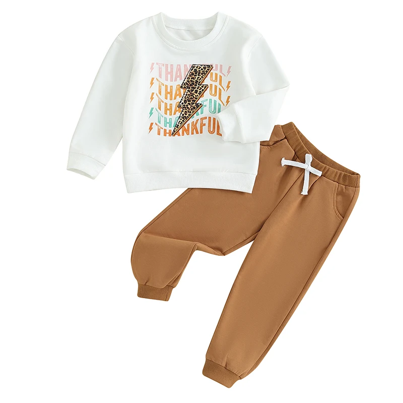 Toddler Baby Boys Thanksgiving Outfits Letter Print Long Sleeve Sweatshirts and Solid Color Long Pants 2Pcs Clothes Set