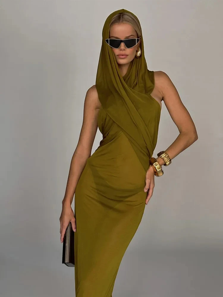 Women Luxury Sexy Sleeveless Mesh Army Green Maxi Long Hoodies Bodycon Gowns Dress Elegant Evening Party Club Dress