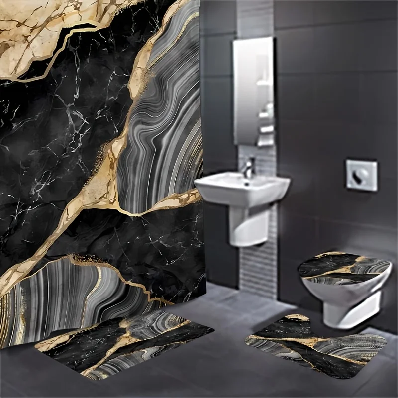 1 oder 4-teiliges Duschvorhang-Set aus schwarzem Marmor – Moderne abstrakte Textur Badezimmer-Deko – Waschbarer Stoffvorhang – Teppiche und Abdeckung