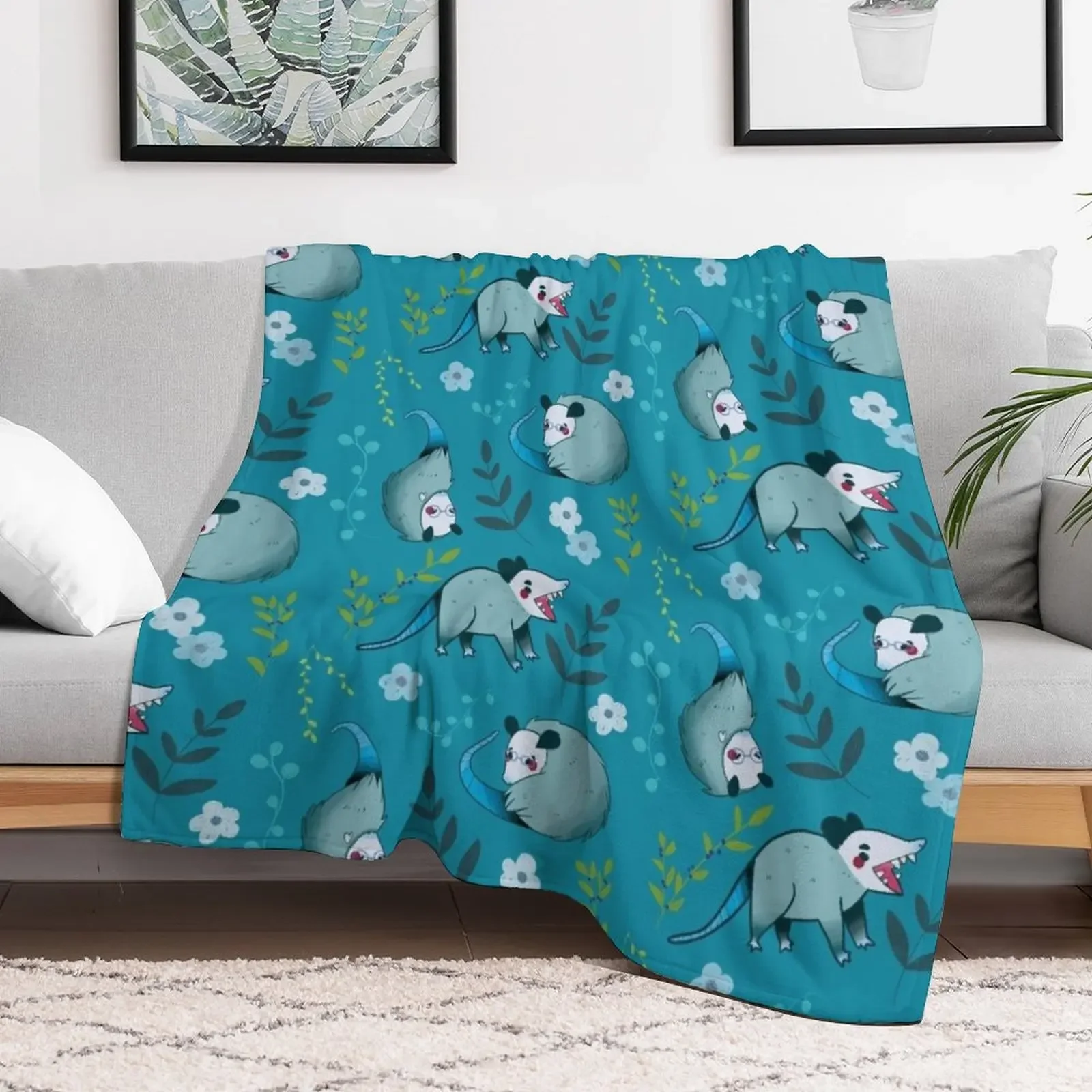Possum - Cute Blue and Green Cartoon Animal Pattern Throw Blanket Cozy Throw Blanket Birthday Gift for Him Her
