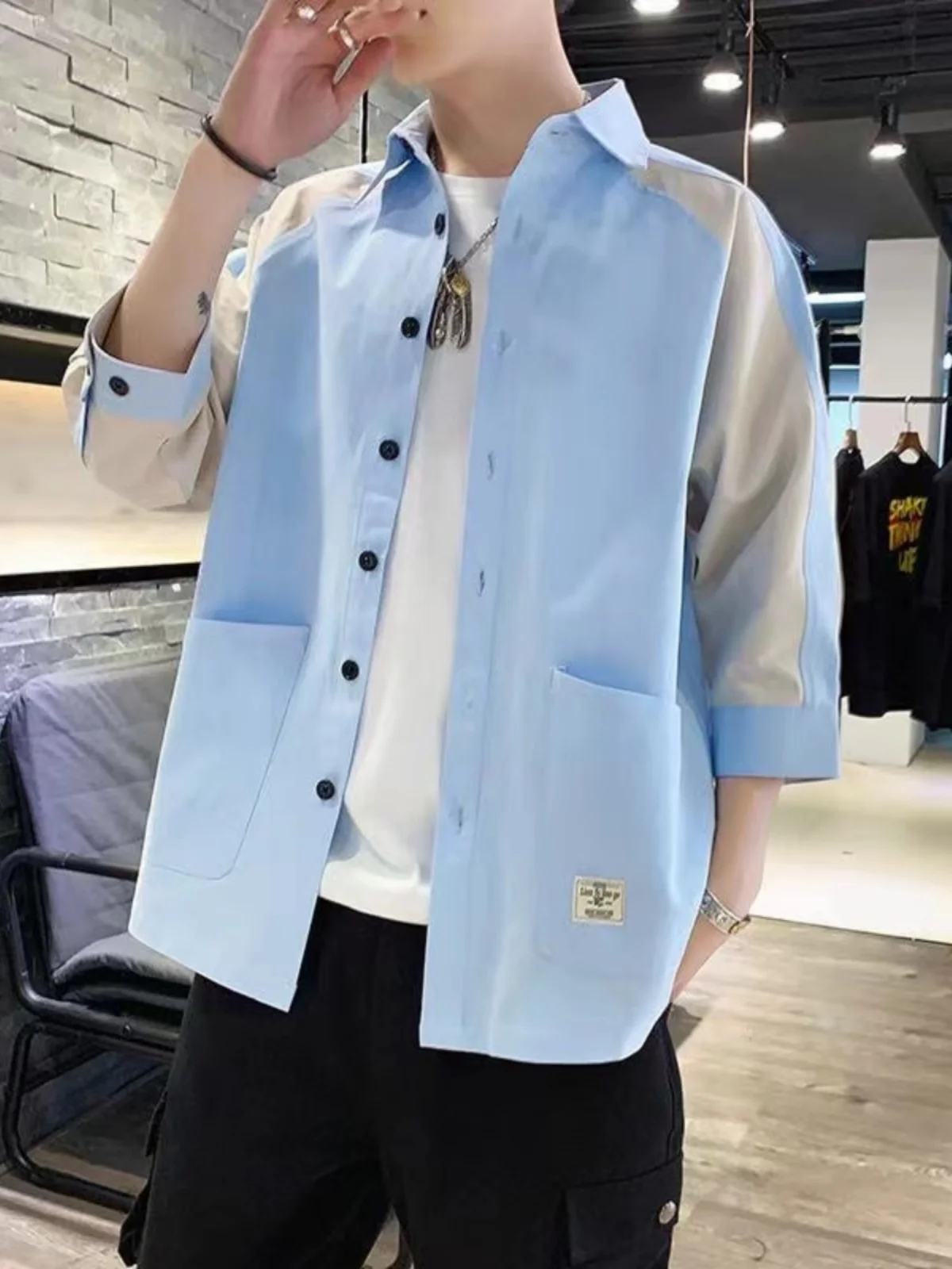 

Модная мужская рубашка из ледяного шелка свободного кроя с коротким рукавом, универсальная летняя тонкая рубашка из ледяного шелка для подростков