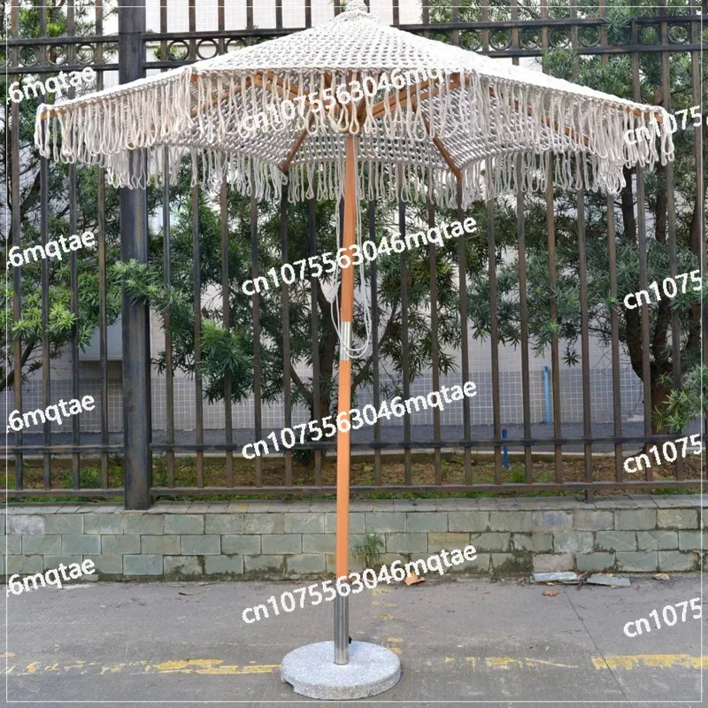 Bohemia Cotton Rope Parasols 2.5M Wooden Pole Handmade Tassels Woven Canopy Beach Umbrella with Macrame Fringe