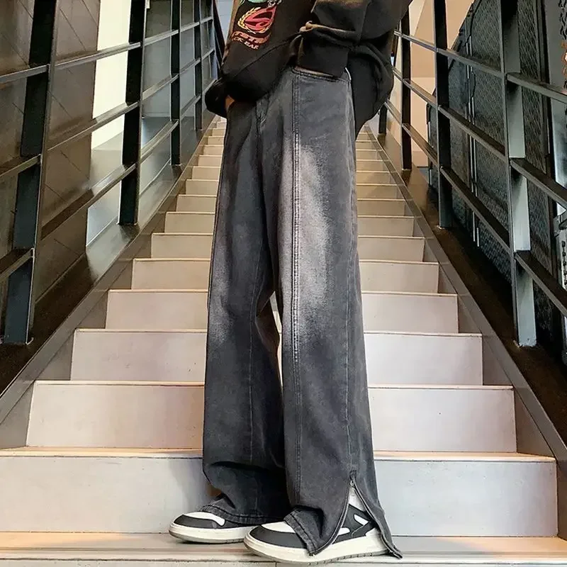 

Man Cowboy Pants Black Wide Leg Punk Trousers with Slits Men's Jeans New in Stylish Harajuku Regular Aesthetic Classic Denim Xs